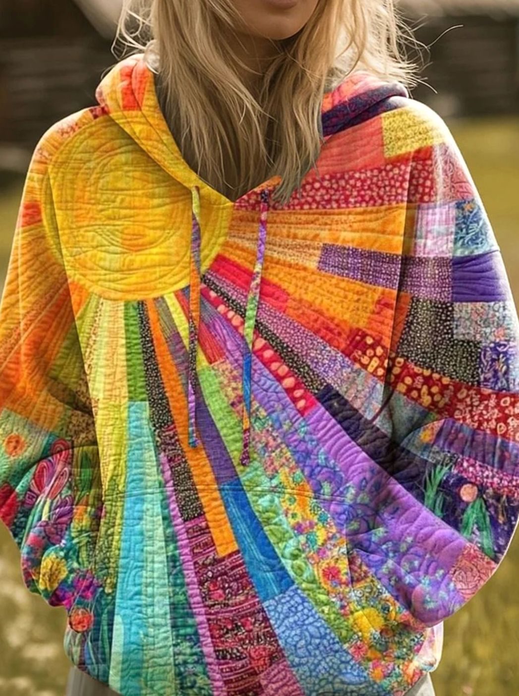 Women's Bohemian Quilted Patchwork Pullover Hoodie - Multicolor