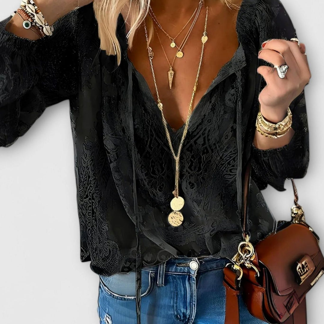 Women's Boho Lace V-Neck Long Sleeve Relaxed Casual Top - Black
