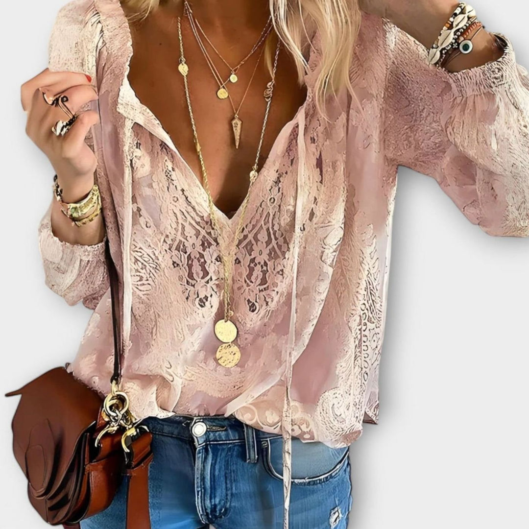 Women's Boho Lace V-Neck Long Sleeve Relaxed Casual Top - Pink