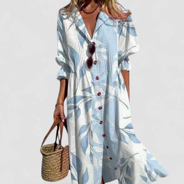 Women's Boho Maxi Dress Half-Sleeve Button-Front Leaf Print - Sky Blue