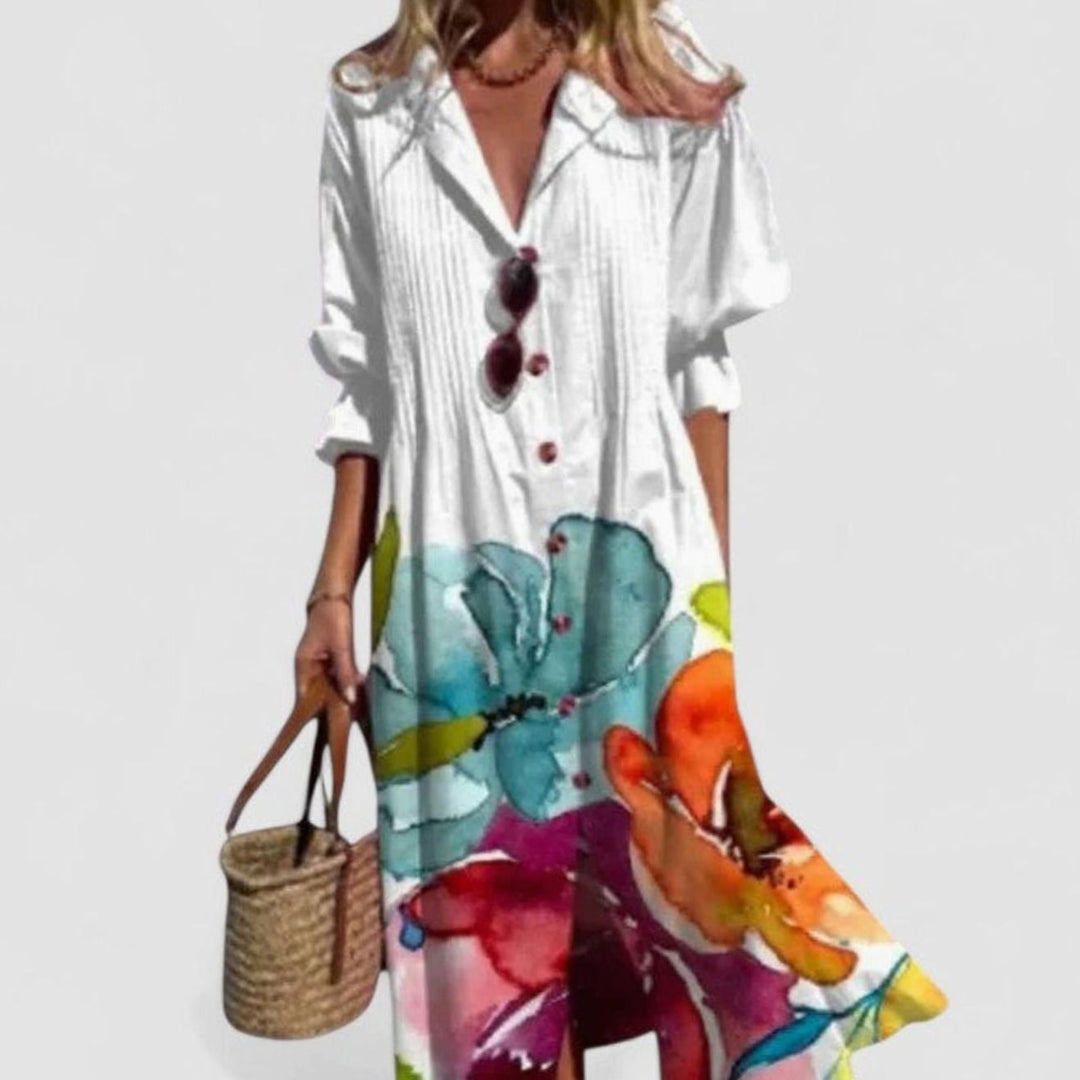 Women's Boho Maxi Dress Half-Sleeve Button-Front Leaf Print - White