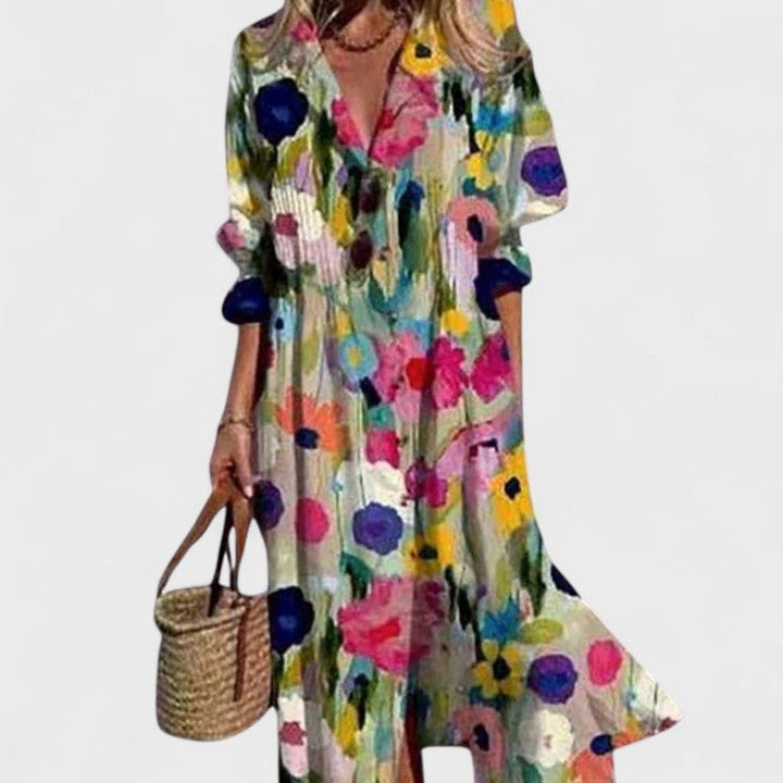 Women's Boho Maxi Dress Half-Sleeve Button-Front Leaf Print - Multicolour 1