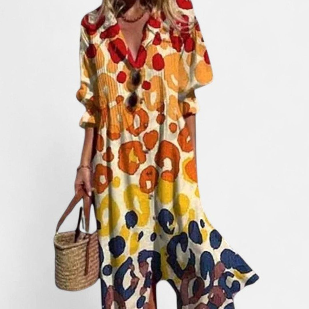 Women's Boho Maxi Dress Half-Sleeve Button-Front Leaf Print - Yellow