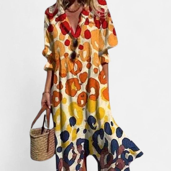 Women's Boho Maxi Dress Half-Sleeve Button-Front Leaf Print - Yellow