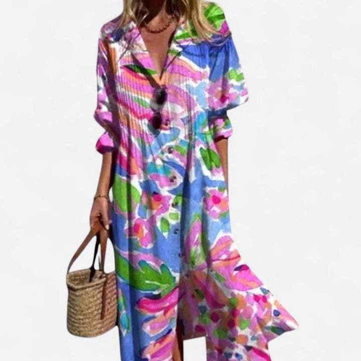 Women's Boho Maxi Dress Half-Sleeve Button-Front Leaf Print - Red