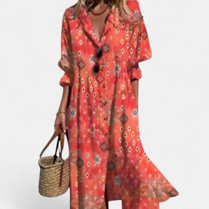 Women's Boho Maxi Dress Half-Sleeve Button-Front Leaf Print - Rouge Red