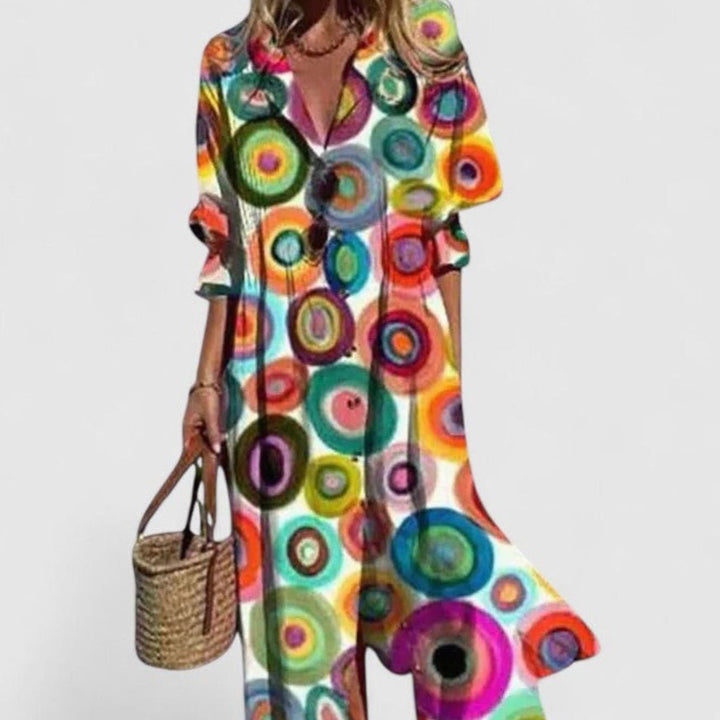 Women's Boho Maxi Dress Half-Sleeve Button-Front Leaf Print - Multicolour 2