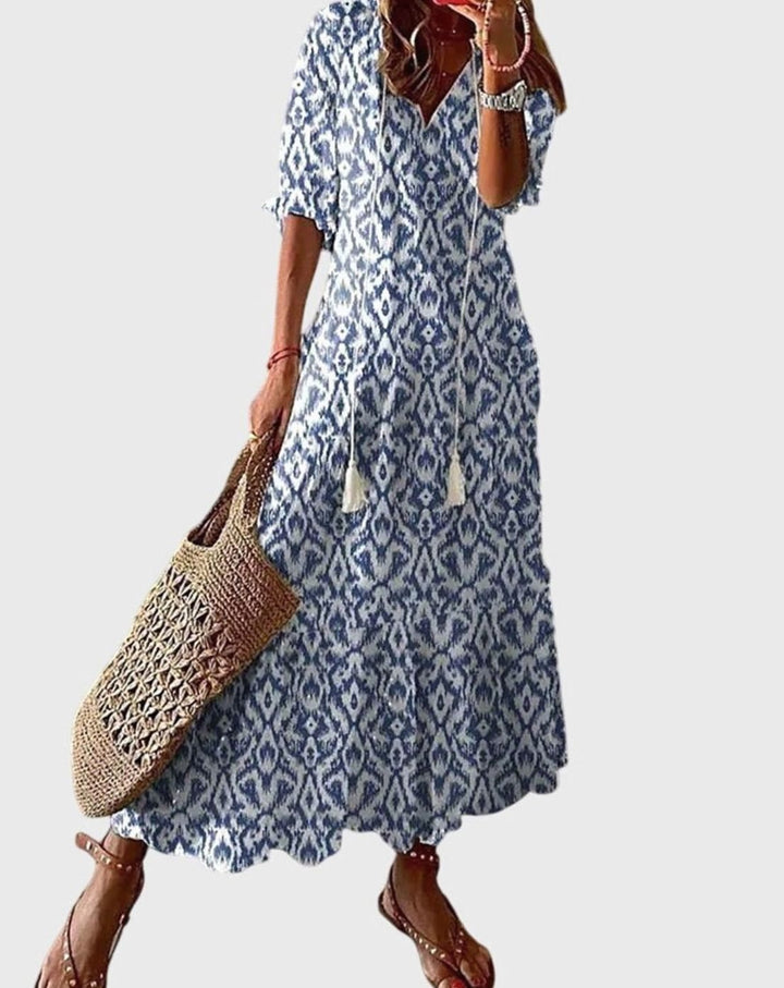 Women's Boho V-Neck Ikat Print Lightweight Midi Dress - Blue