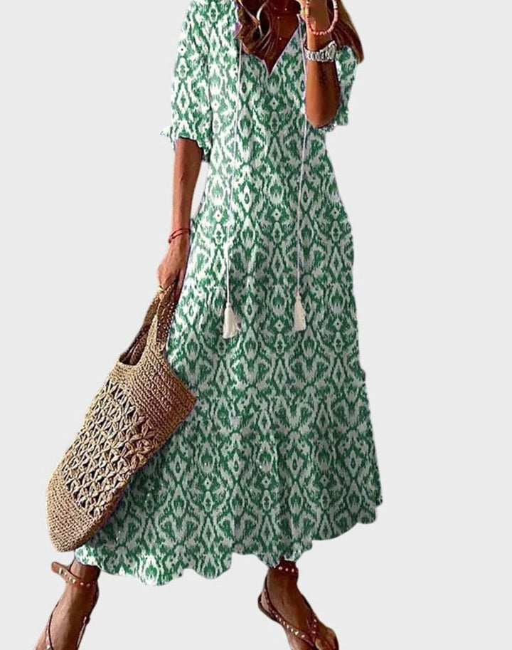 Women's Boho V-Neck Ikat Print Lightweight Midi Dress - Green