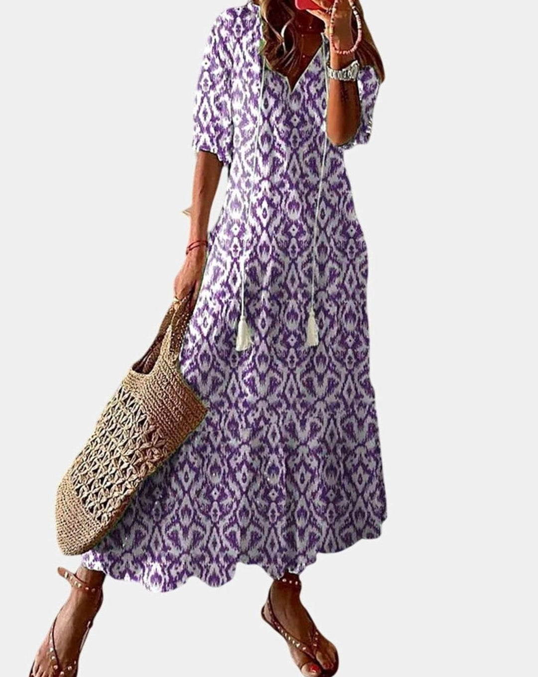 Women's Boho V-Neck Ikat Print Lightweight Midi Dress - Purple