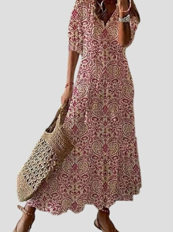 Women's Boho V-Neck Ikat Print Lightweight Midi Dress - Red