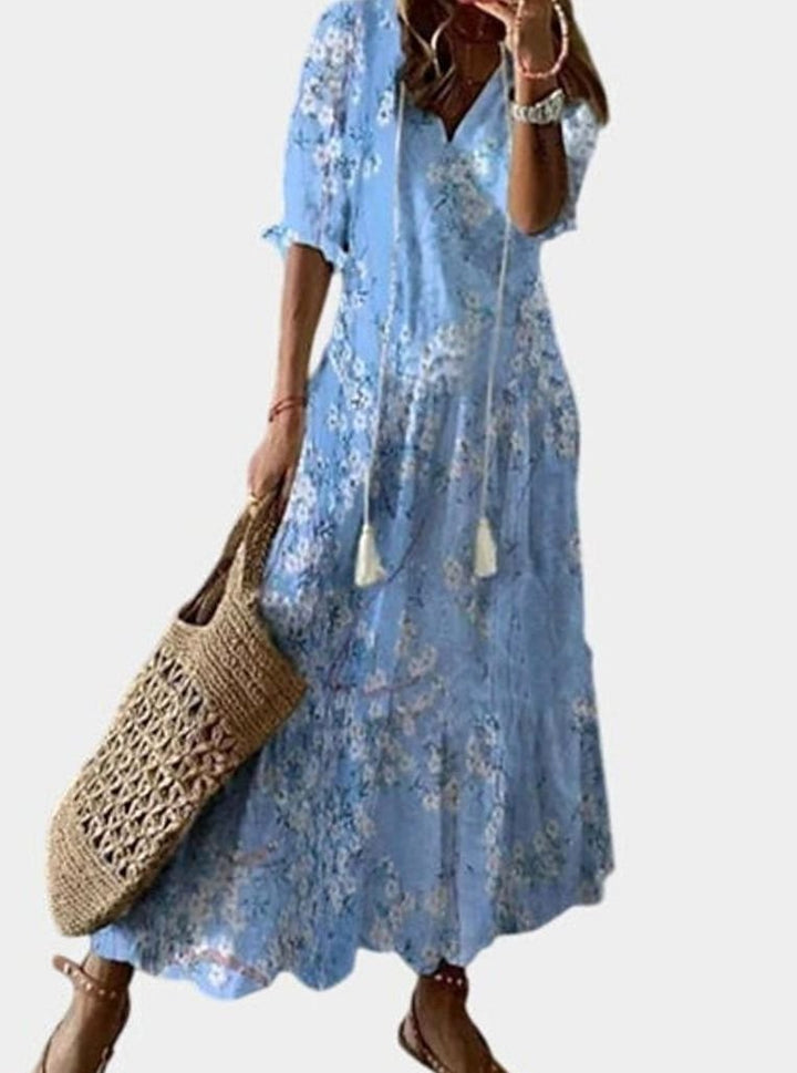 Women's Boho V-Neck Ikat Print Lightweight Midi Dress - Light Blue