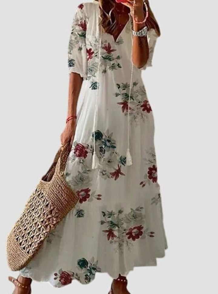 Women's Boho V-Neck Ikat Print Lightweight Midi Dress - Floral Print