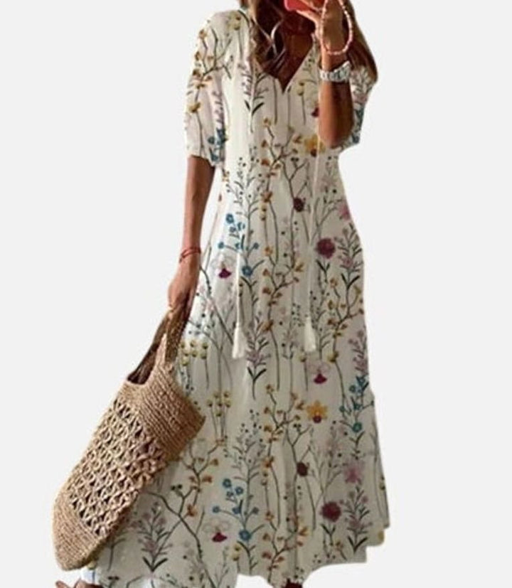 Women's Boho V-Neck Ikat Print Lightweight Midi Dress - Floral