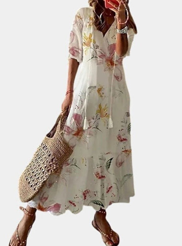 Women's Boho V-Neck Ikat Print Lightweight Midi Dress - White