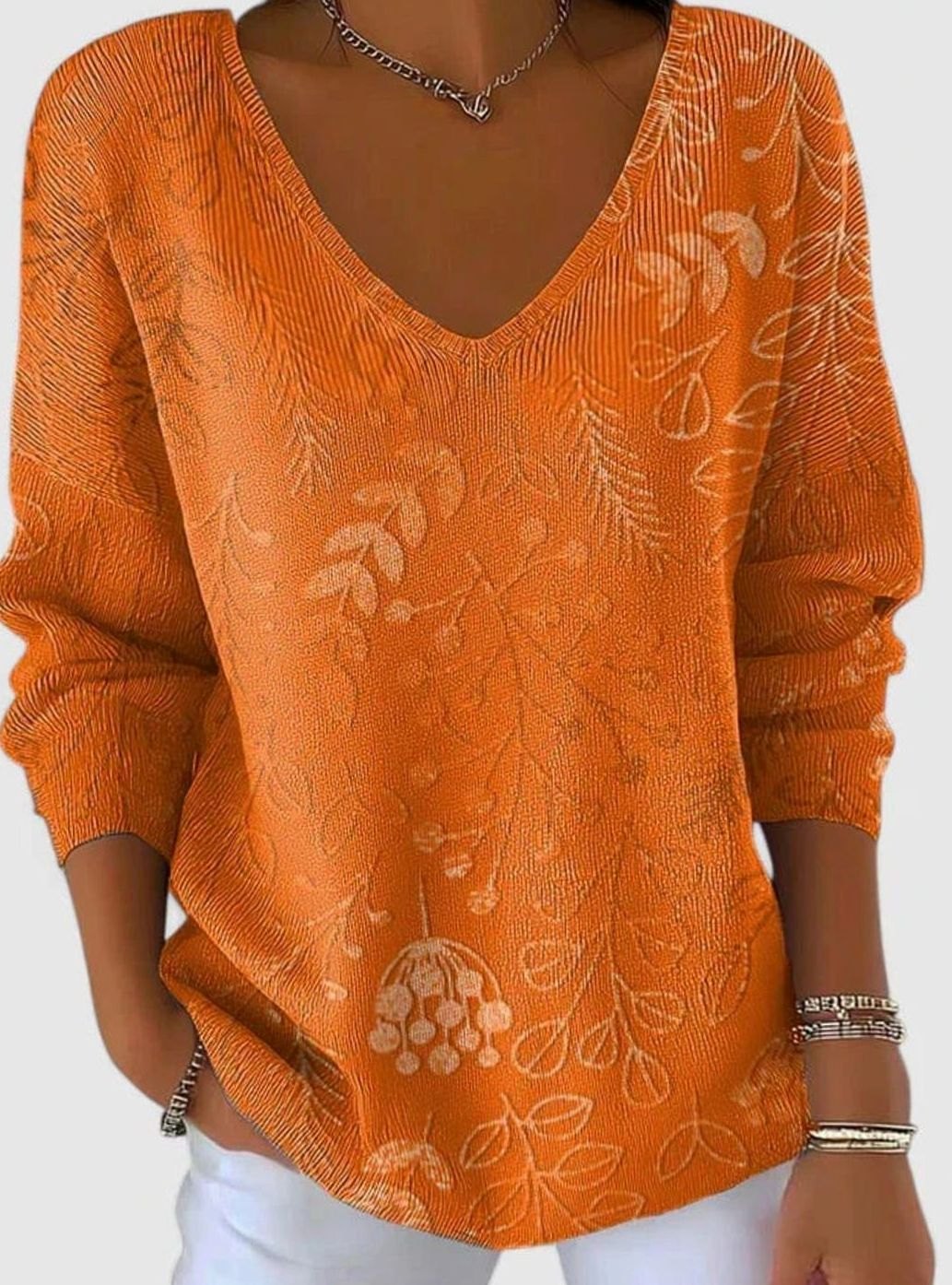 Women's Botanical Jacquard V-Neck Relaxed Knit Top - Orange