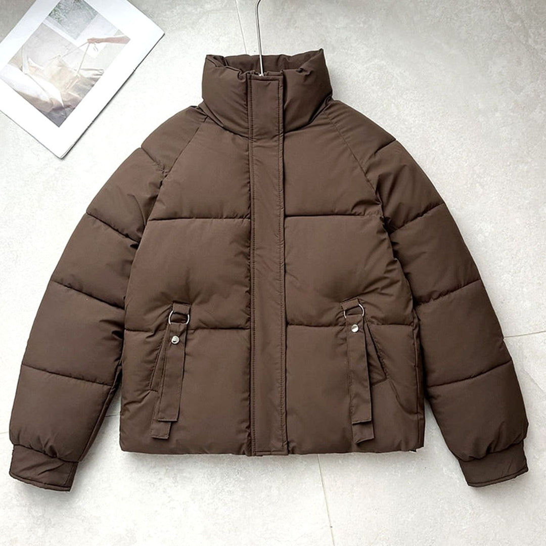 Women's Boxy-Fit Quilted Puffer Jacket High Neck D-Ring Pockets - Brown
