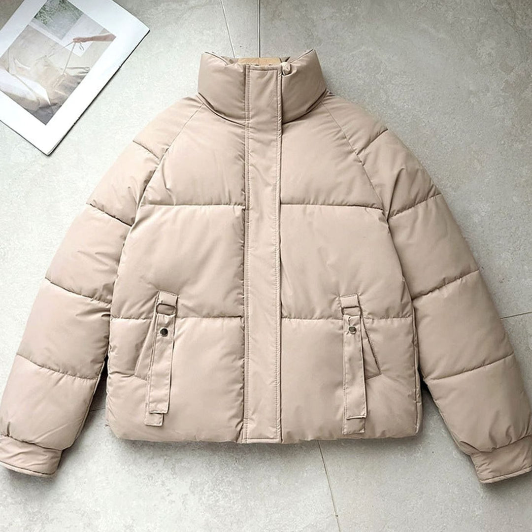 Women's Boxy-Fit Quilted Puffer Jacket High Neck D-Ring Pockets - Khaki