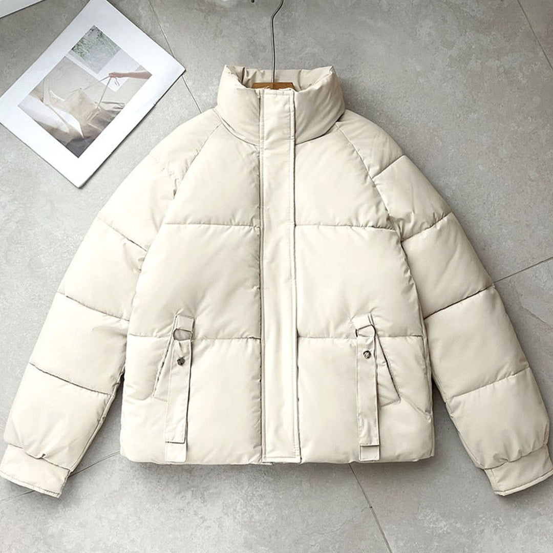 Women's Boxy-Fit Quilted Puffer Jacket High Neck D-Ring Pockets - Milk Tea