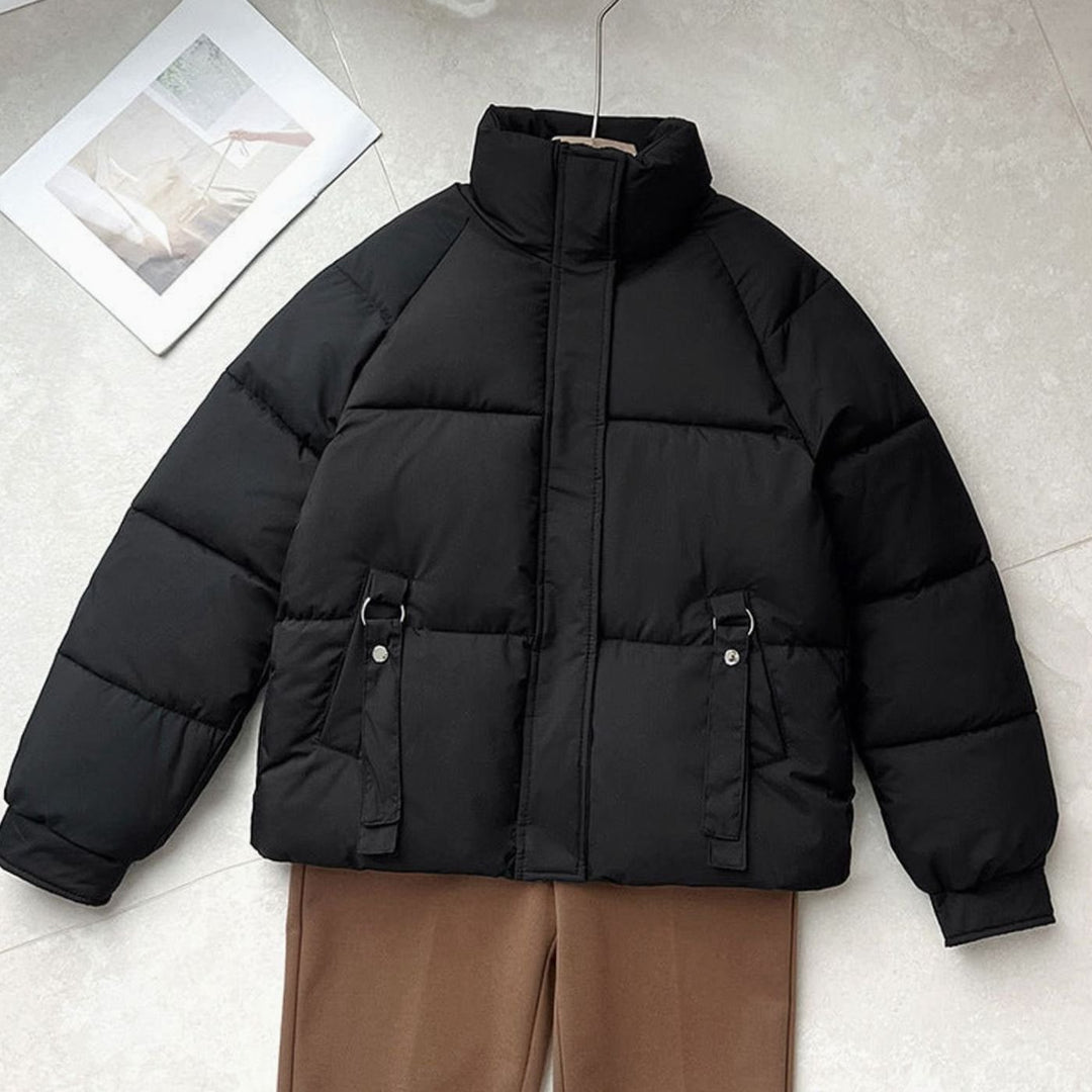 Women's Boxy-Fit Quilted Puffer Jacket High Neck D-Ring Pockets - Black