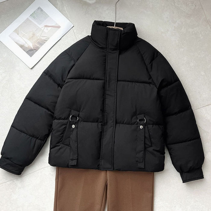 Women's Boxy-Fit Quilted Puffer Jacket High Neck D-Ring Pockets - Black