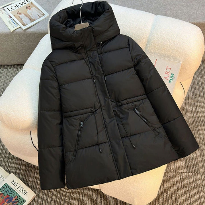 Women's Boxy Hooded Quilted Puffer Jacket Drawstring Waist - Black