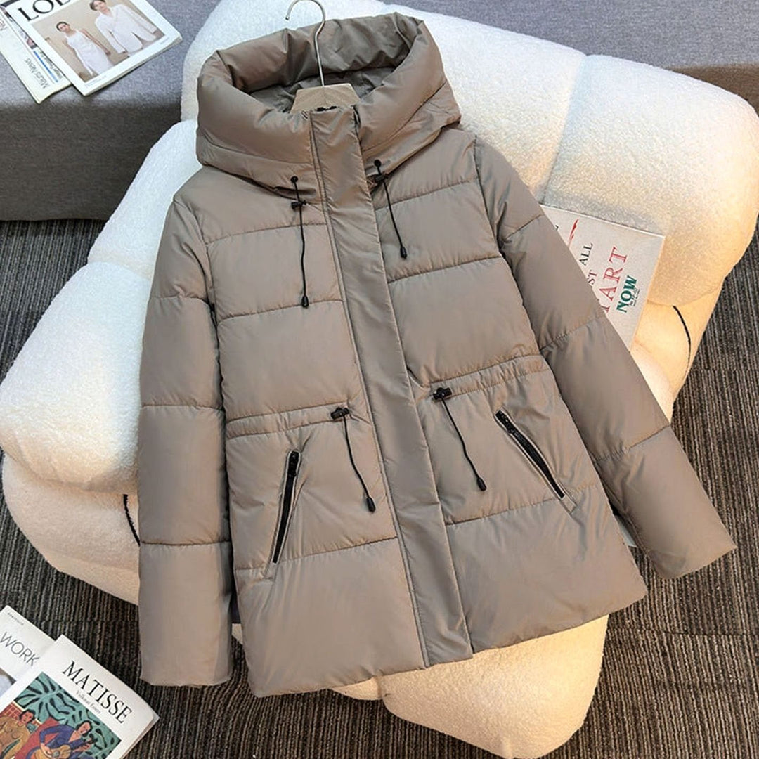 Women's Boxy Hooded Quilted Puffer Jacket Drawstring Waist - Khaki