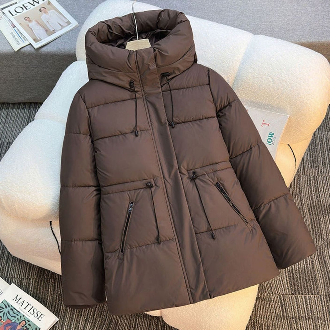 Women's Boxy Hooded Quilted Puffer Jacket Drawstring Waist - Coffee Brown
