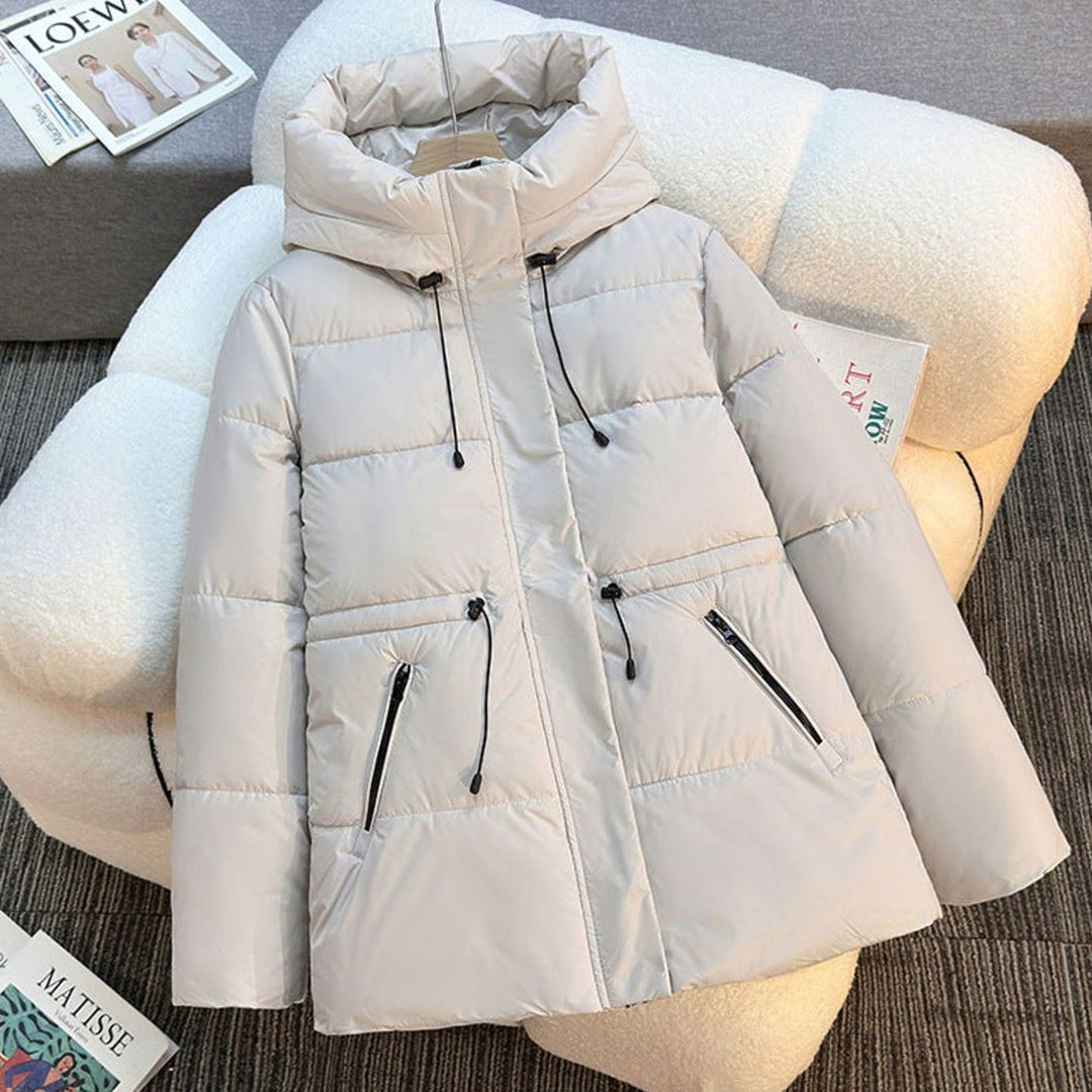 Women's Boxy Hooded Quilted Puffer Jacket Drawstring Waist - Ecru