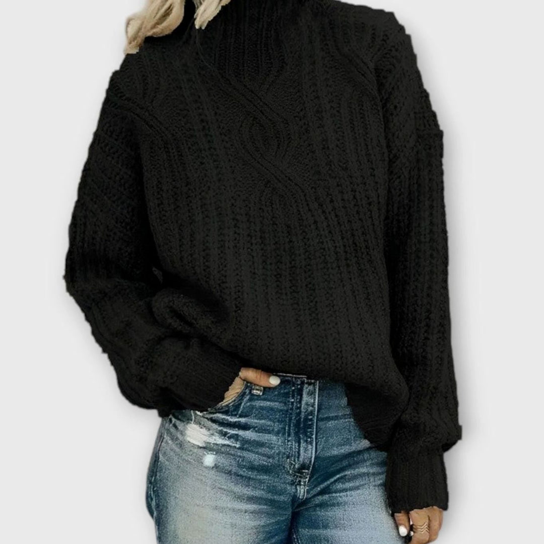 Women's Cable-Knit Mock-Neck Oversized Knitted Jumper - Black