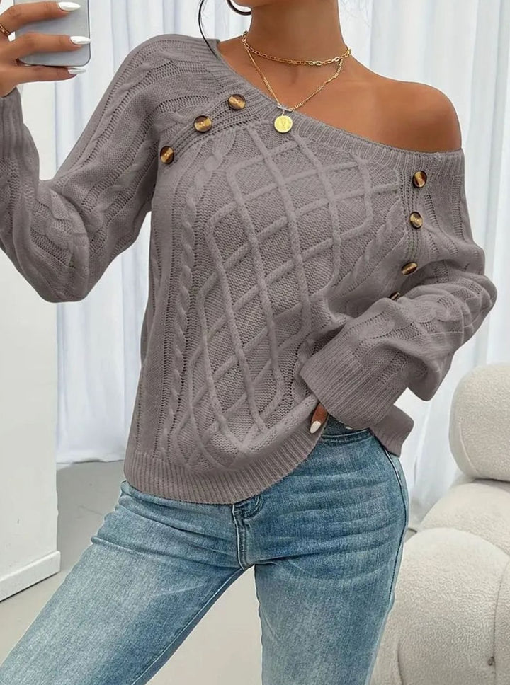 Women's Cable-Knit Raglan Jumper Square Neck Button Detail