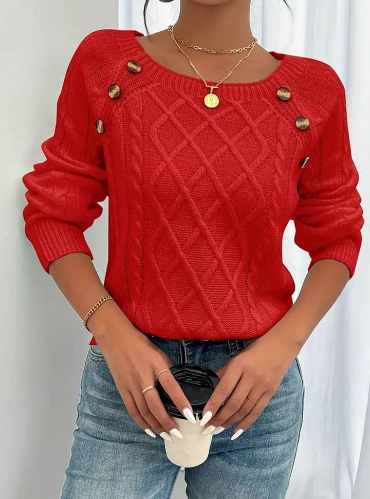 Women's Cable-Knit Raglan Jumper Square Neck Button Detail - Red