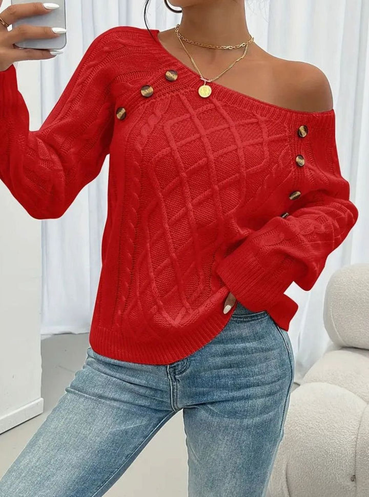 Women's Cable-Knit Raglan Jumper Square Neck Button Detail