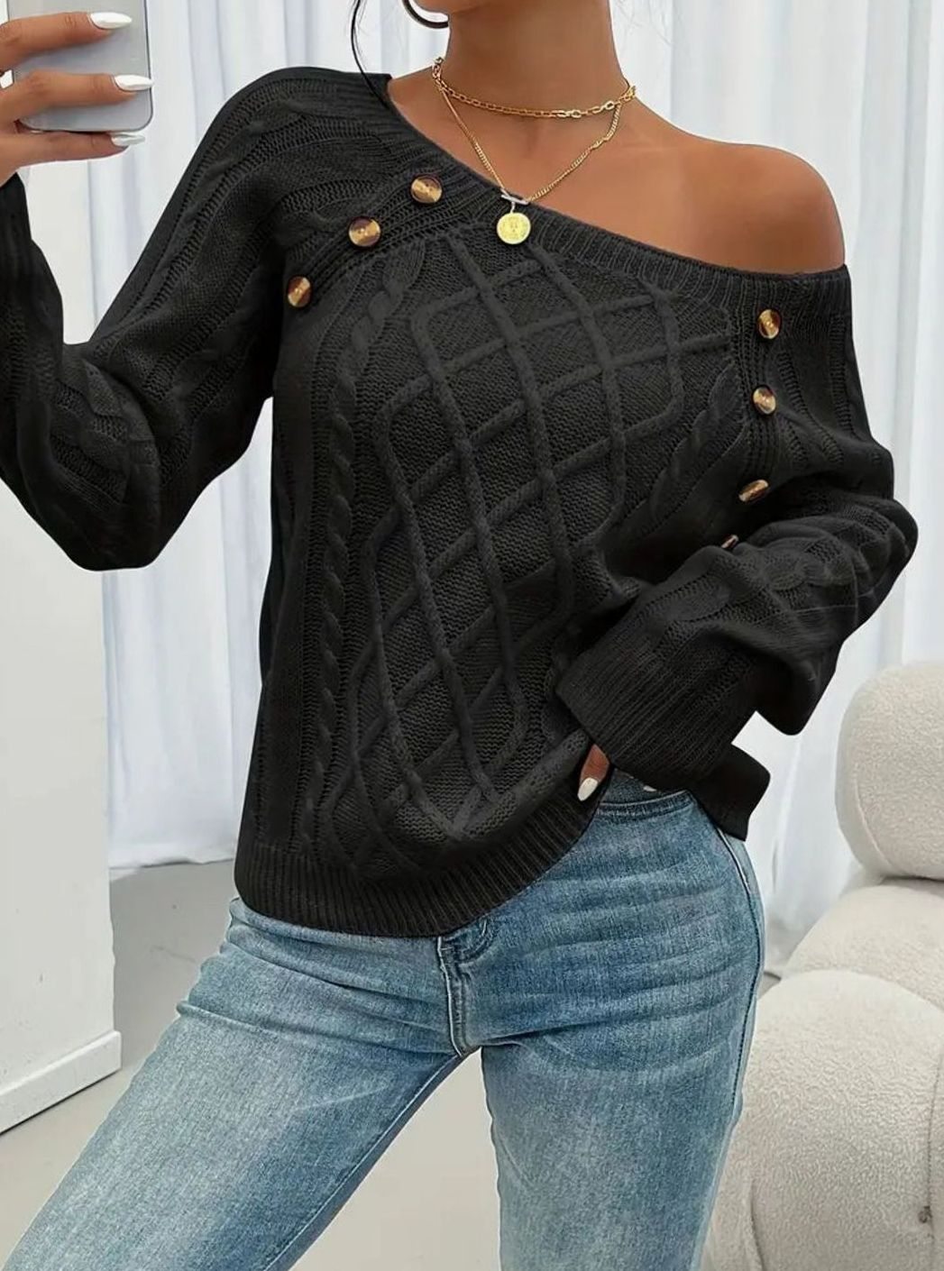 Women's Cable-Knit Raglan Jumper Square Neck Button Detail