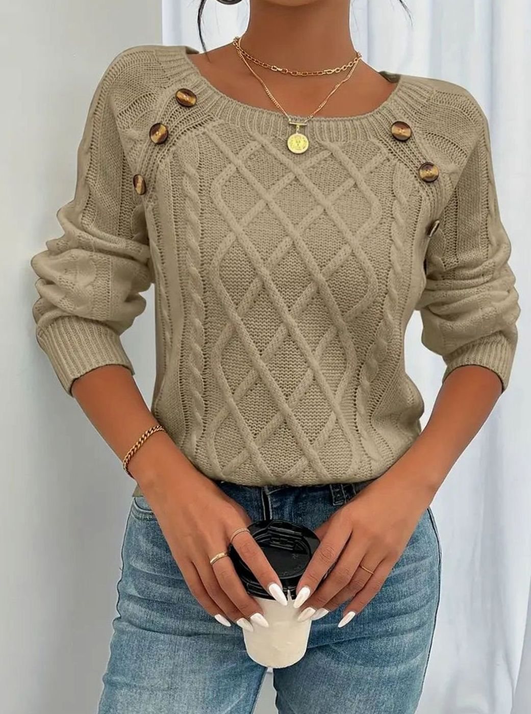 Women's Cable-Knit Raglan Jumper Square Neck Button Detail - Khaki