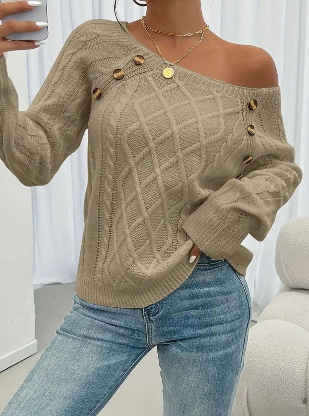 Women's Cable-Knit Raglan Jumper Square Neck Button Detail