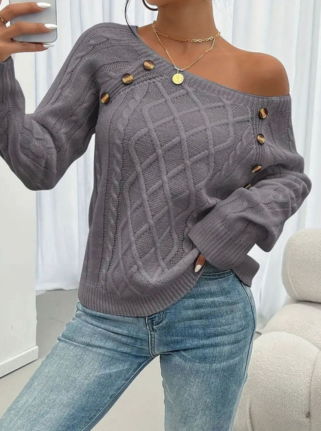 Women's Cable-Knit Raglan Jumper Square Neck Button Detail
