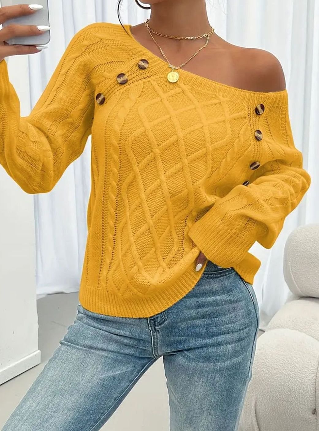 Women's Cable-Knit Raglan Jumper Square Neck Button Detail, White