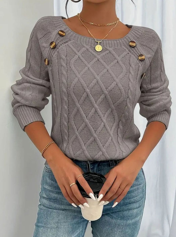 Women's Cable-Knit Raglan Jumper Square Neck Button Detail, White - Dusty Pink