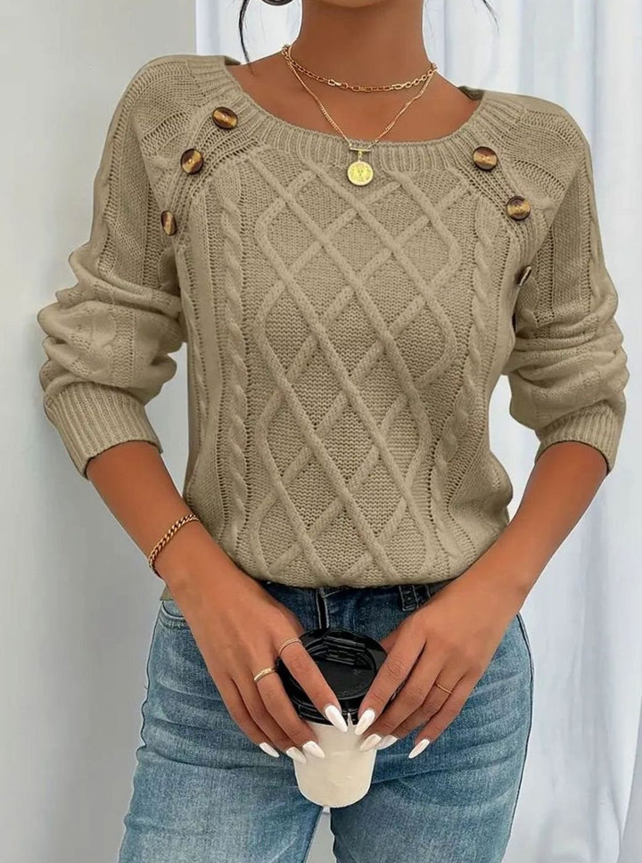 Women's Cable-Knit Raglan Jumper Square Neck Button Detail, White - Khaki