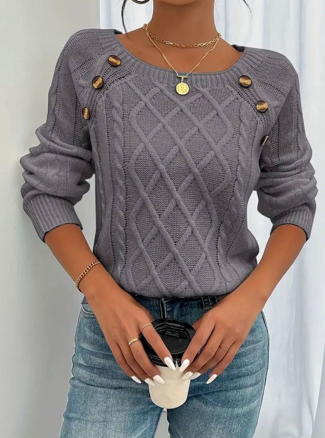 Women's Cable-Knit Raglan Jumper Square Neck Button Detail, White - Dark Grey