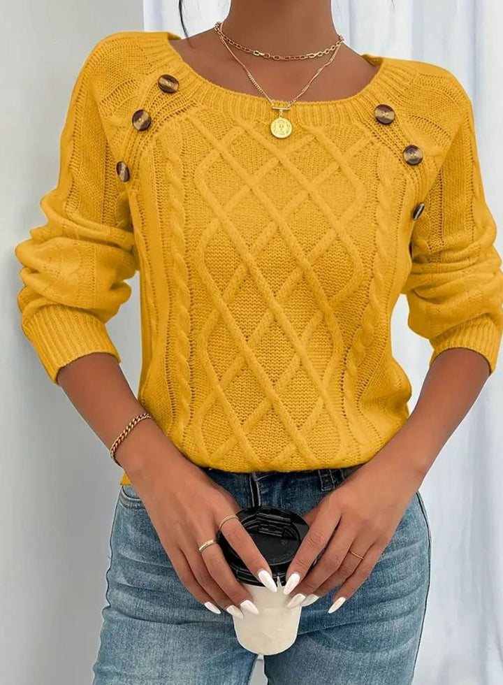 Women's Cable-Knit Raglan Jumper Square Neck Button Detail, White - Gold