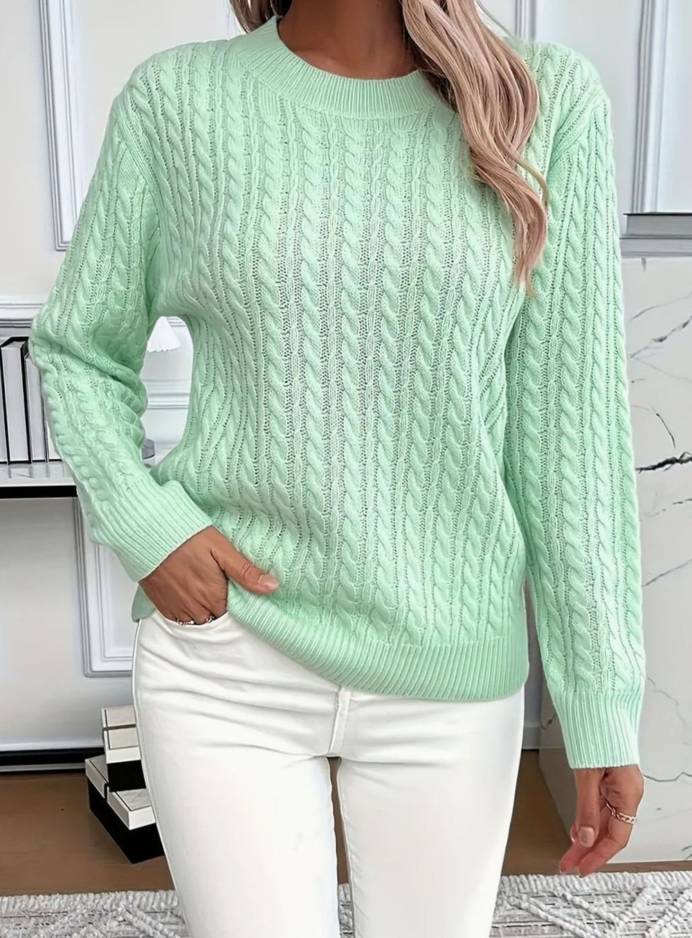 Women's Cable-Knit Relaxed-Fit Crew Neck Knitted Jumper - Light Green