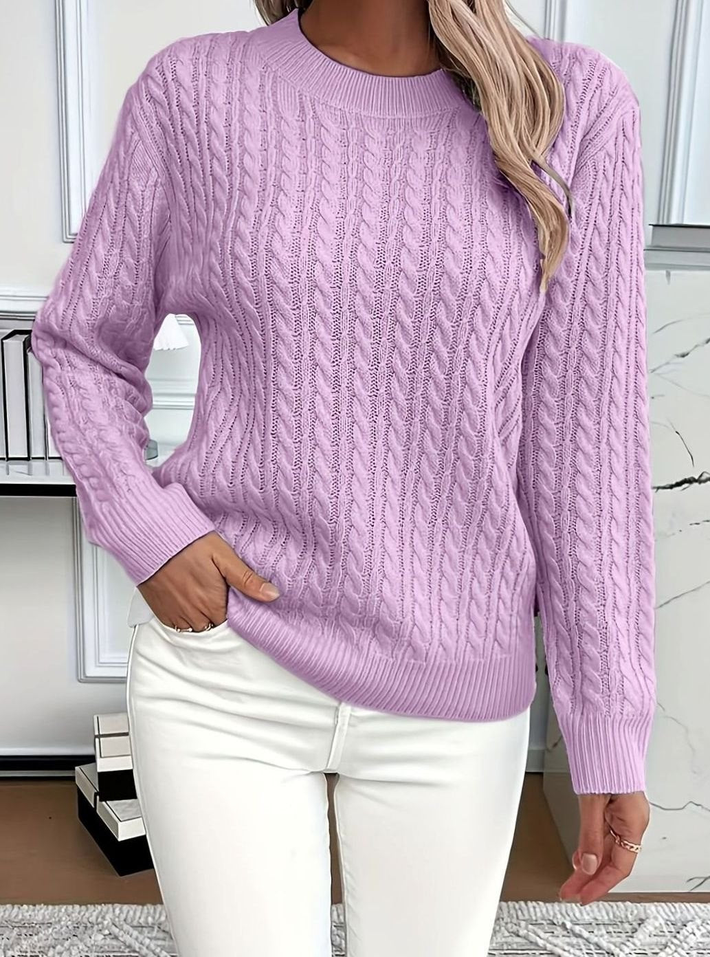 Women's Cable-Knit Relaxed-Fit Crew Neck Knitted Jumper - Purple