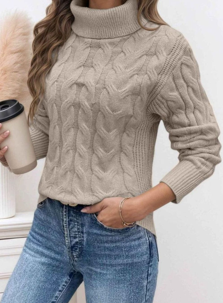 Women's Cable-Knit Turtleneck Jumper Long Sleeve Relaxed Fit - Light Grey