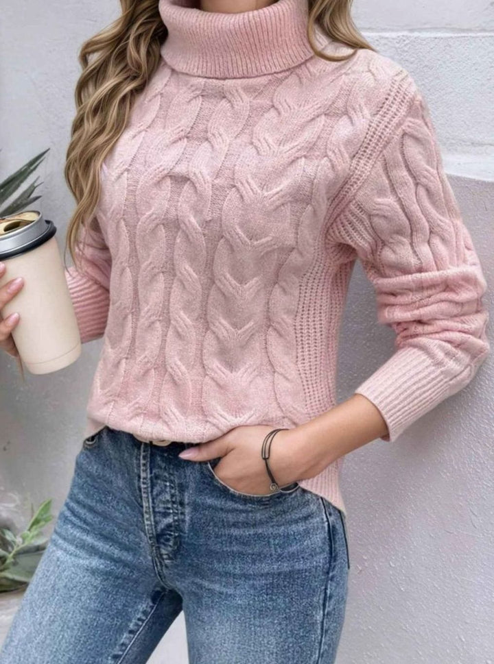 Women's Cable-Knit Turtleneck Jumper Long Sleeve Relaxed Fit - Light Pink