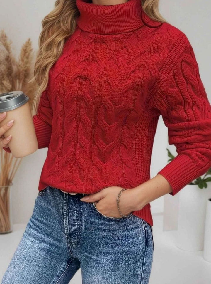 Women's Cable-Knit Turtleneck Jumper Long Sleeve Relaxed Fit - Red