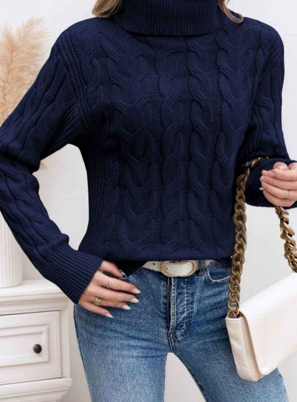 Women's Cable-Knit Turtleneck Jumper Long Sleeve Relaxed Fit - Navy Blue