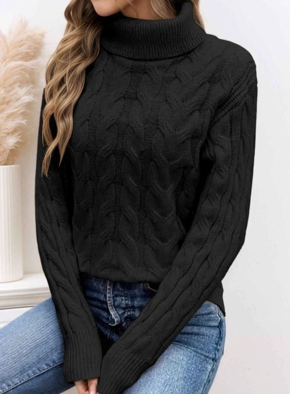 Women's Cable-Knit Turtleneck Jumper Long Sleeve Relaxed Fit - Black