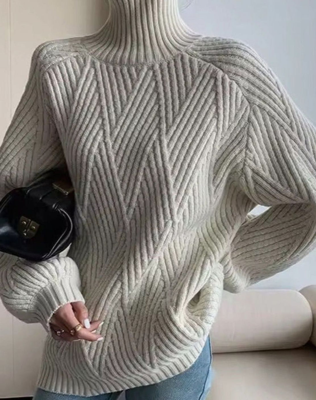 Women's Cable-Knit Turtleneck Jumper Oversized Batwing Sleeve